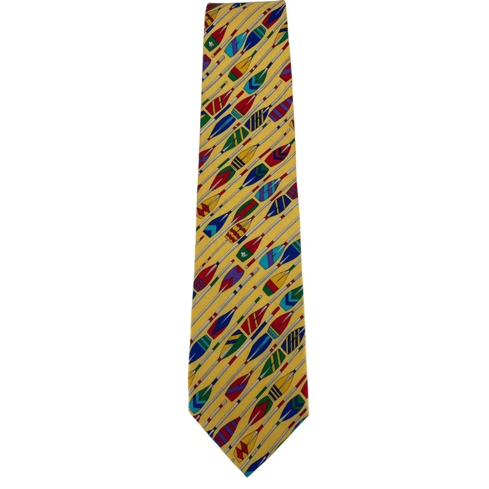 Vintage Alynn Neckwear Silk Tie Yellow Rowing Oars Made in USA Novelty 58